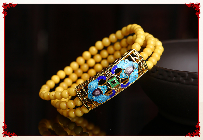 復(fù)古燒藍吉祥蝙蝠圖案蜜蠟手串