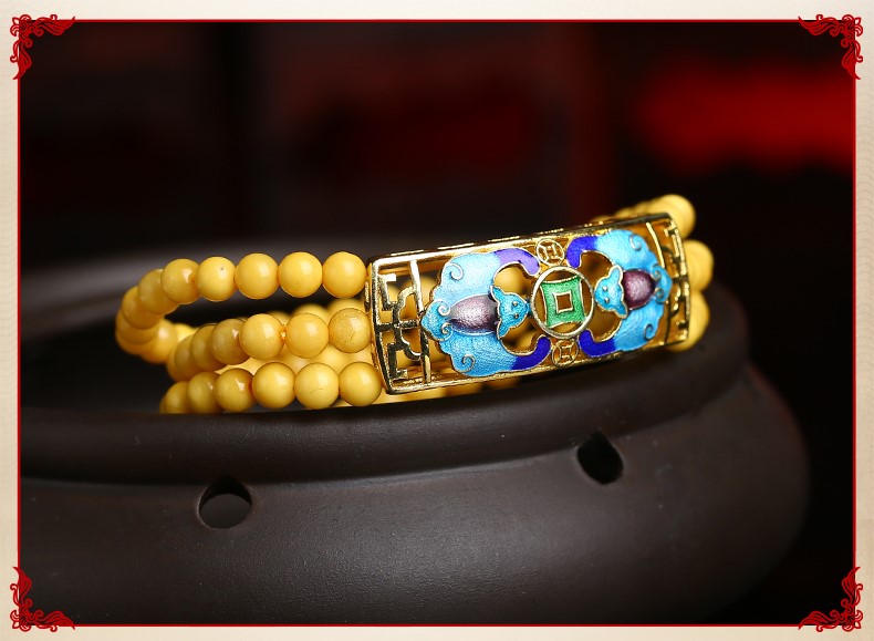 復(fù)古燒藍吉祥蝙蝠圖案蜜蠟手串