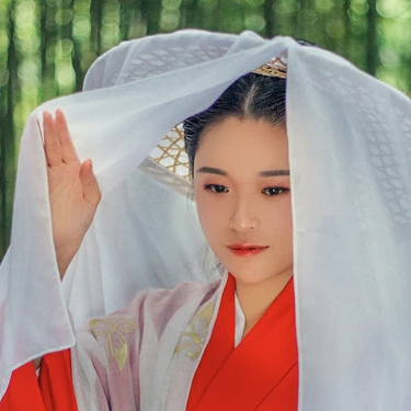 紅衣帶面具扇女生頭像，唯美古風(fēng)真人頭像