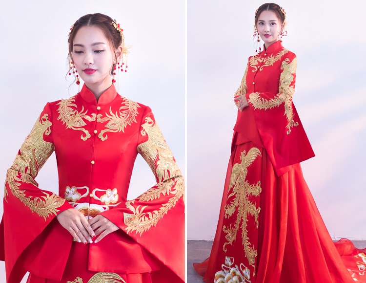金色鳳凰刺繡新娘結(jié)婚禮服，奢華拖尾中式禮服