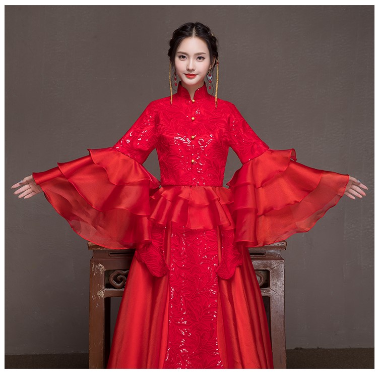 荷葉邊袖新娘結(jié)婚禮服，優(yōu)雅網(wǎng)紗蓬松中式禮服