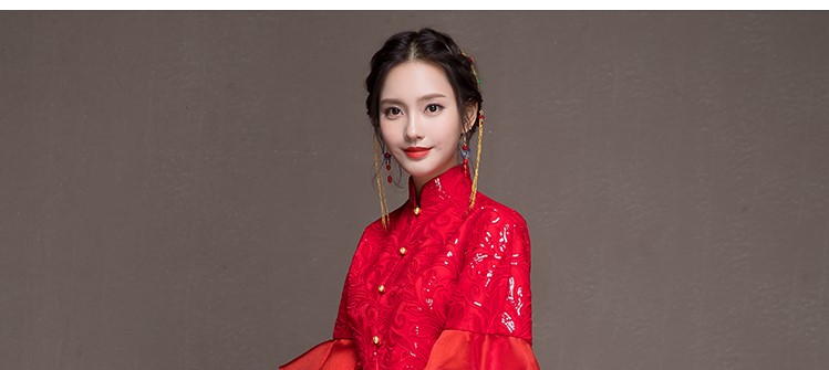 荷葉邊袖新娘結(jié)婚禮服，優(yōu)雅網(wǎng)紗蓬松中式禮服