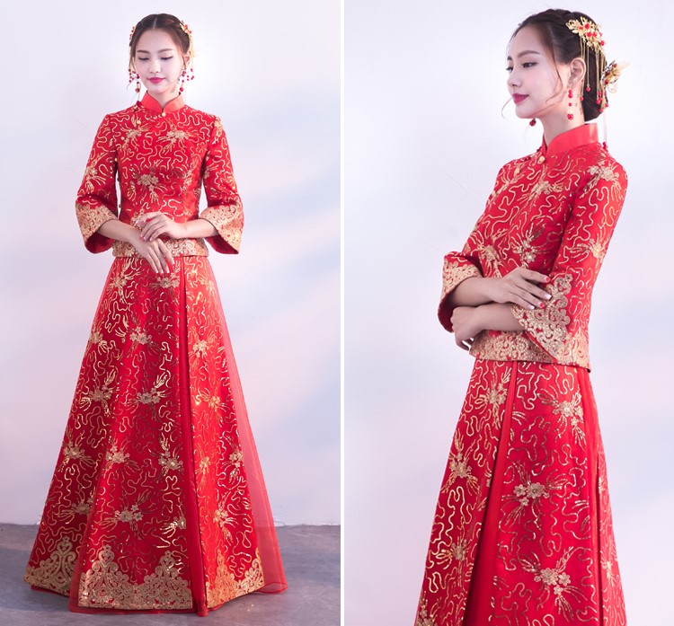 金色蕾絲花朵新娘禮服，唯美秀禾中式禮服