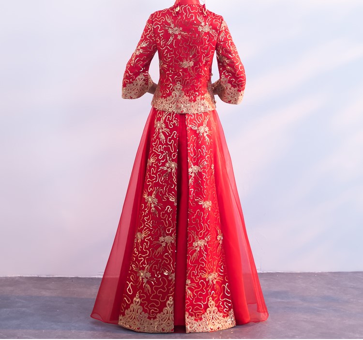 金色蕾絲花朵新娘禮服，唯美秀禾中式禮服