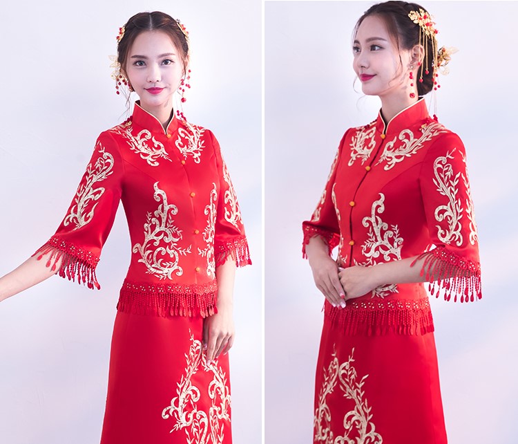 時(shí)尚修身新娘結(jié)婚禮服，龍鳳褂中式禮服