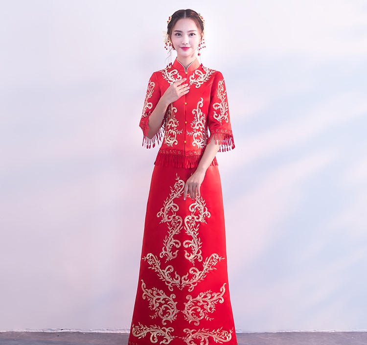 時(shí)尚修身新娘結(jié)婚禮服，龍鳳褂中式禮服