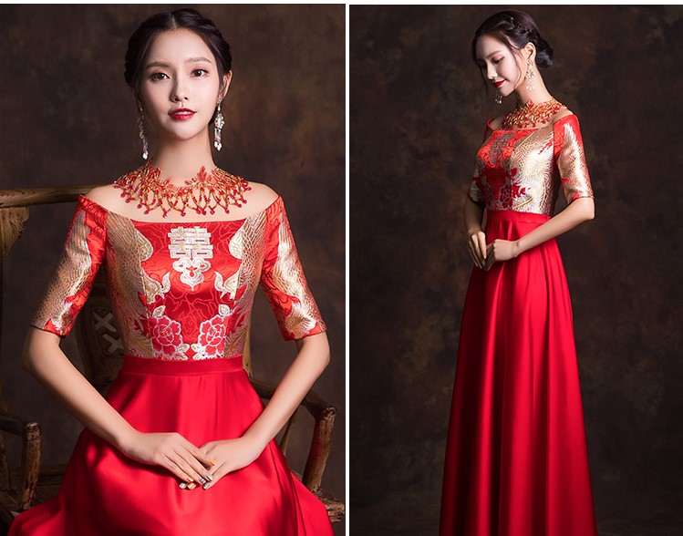 一字肩新娘結(jié)婚禮服，唯美流蘇中式禮服