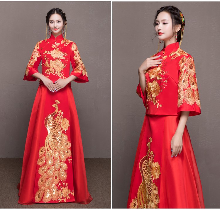靈動(dòng)金色孔雀中式禮服，唯美新娘禮服