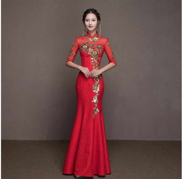 金枝玉葉中式禮服，魚尾牡丹花晚禮服