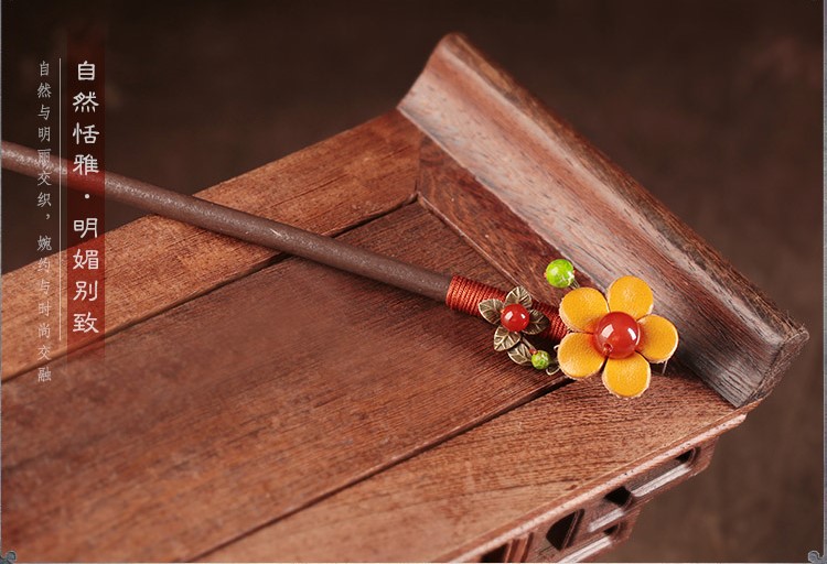 亮黃色花朵發(fā)簪，古風古風盤發(fā)木簪子頭飾