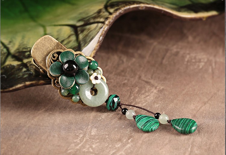 碧水花涵綠色鴨嘴夾，牛皮花朵發(fā)夾頭飾