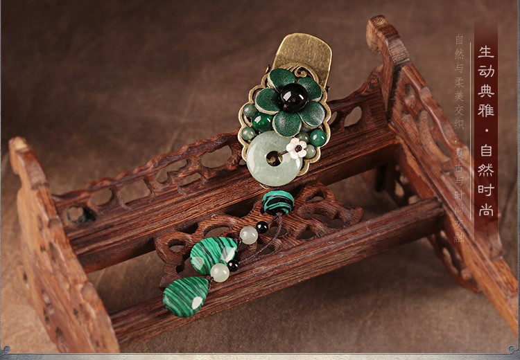 碧水花涵綠色鴨嘴夾，牛皮花朵發(fā)夾頭飾