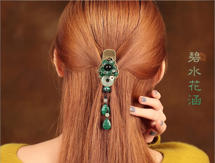 碧水花涵綠色鴨嘴夾，牛皮花朵發(fā)夾頭飾