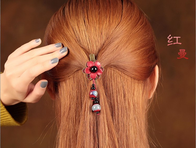 匠心啟航閱讀紅色花朵古風(fēng)發(fā)夾頭飾