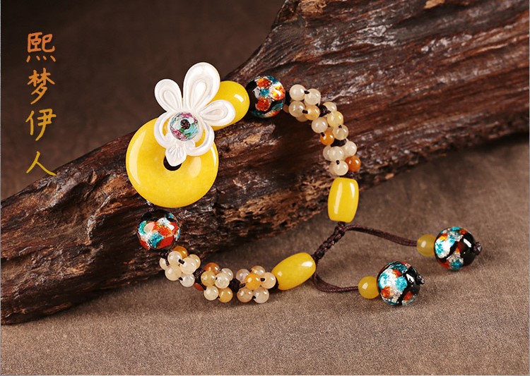 黃玉平安扣復(fù)古琉璃貝殼花小清新古風手串