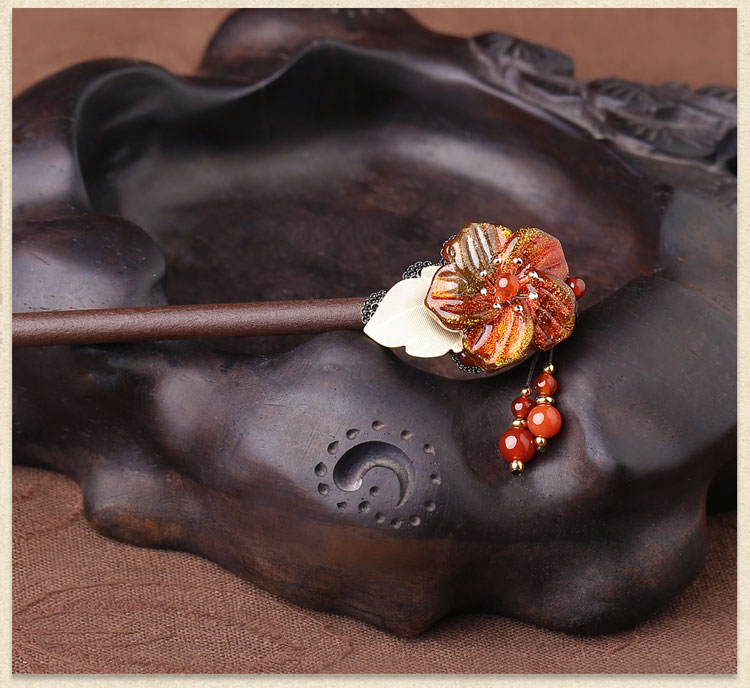 匠心啟航閱讀琉璃花朵發(fā)簪盤發(fā)木簪子頭飾