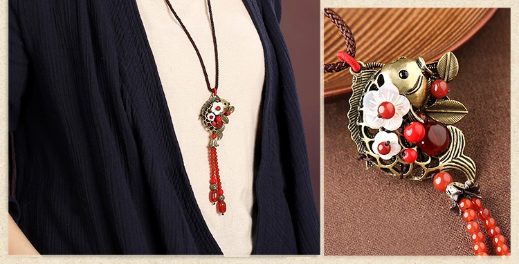 紅色氣質(zhì)古風(fēng)貝殼花毛衣鏈項鏈首飾