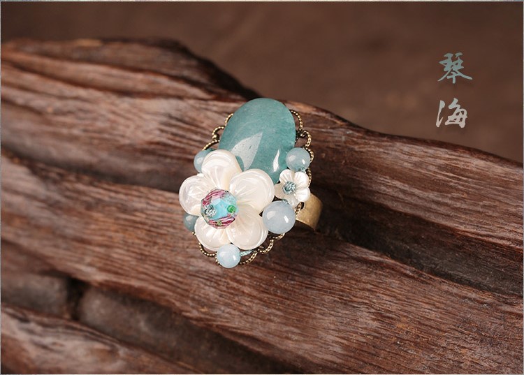 復(fù)古小清新貝殼花開(kāi)口戒指首飾