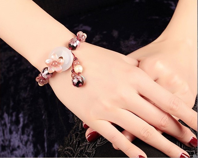粉色草莓晶手串琉璃平安扣手鏈首飾