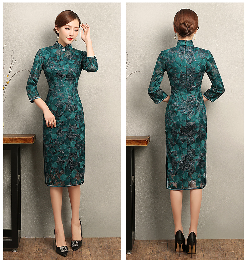 綠色葉嵐旗袍，復(fù)古蕾絲繡花旗袍裙