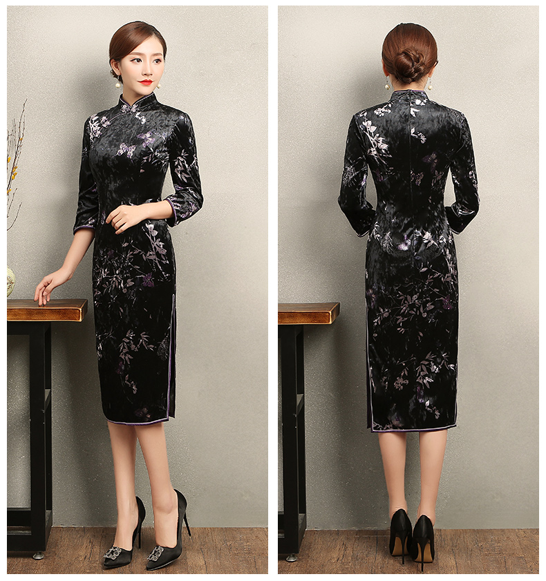 竹蝶黑色旗袍，復(fù)古絲絨印花旗袍裙
