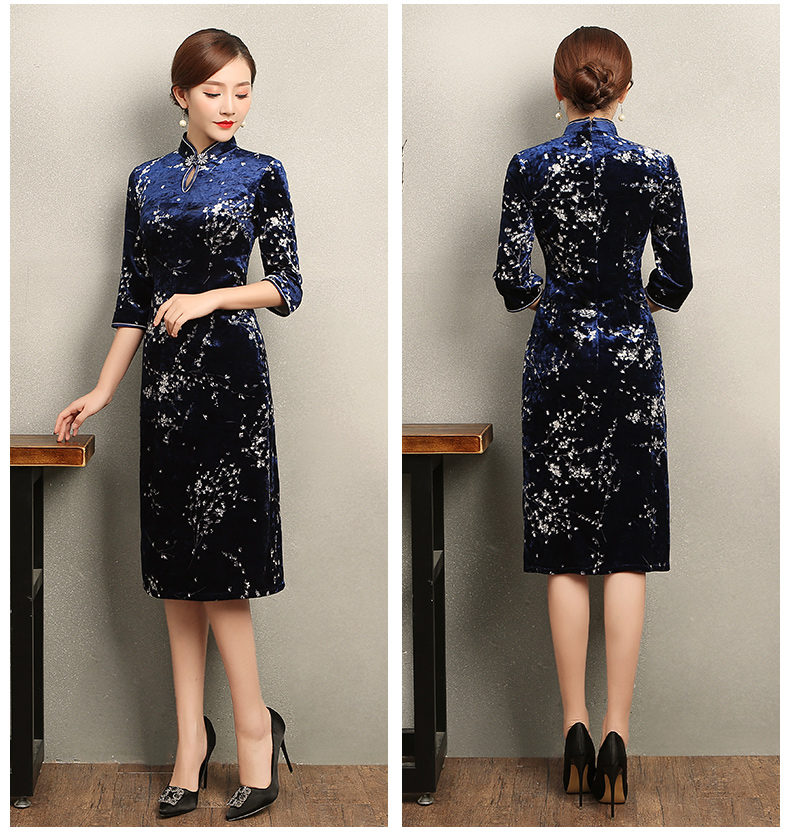 優(yōu)雅時尚梅蘭旗袍，復古絲絨印花旗袍裙