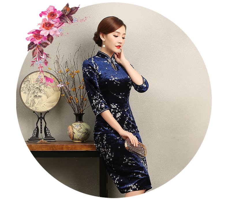 優(yōu)雅時尚梅蘭旗袍，復古絲絨印花旗袍裙