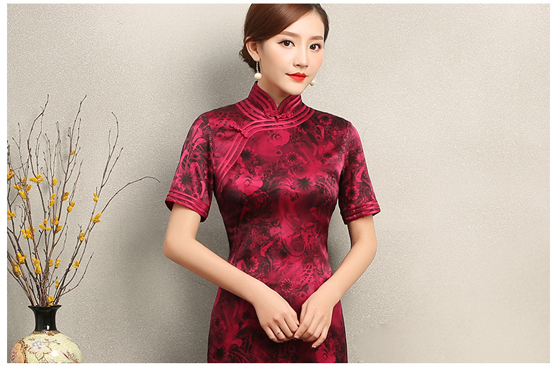紅色短袖旗袍，復(fù)古包邊印花旗袍裙