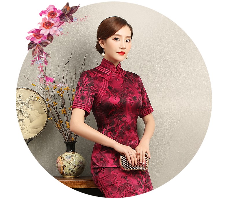 紅色短袖旗袍，復(fù)古包邊印花旗袍裙