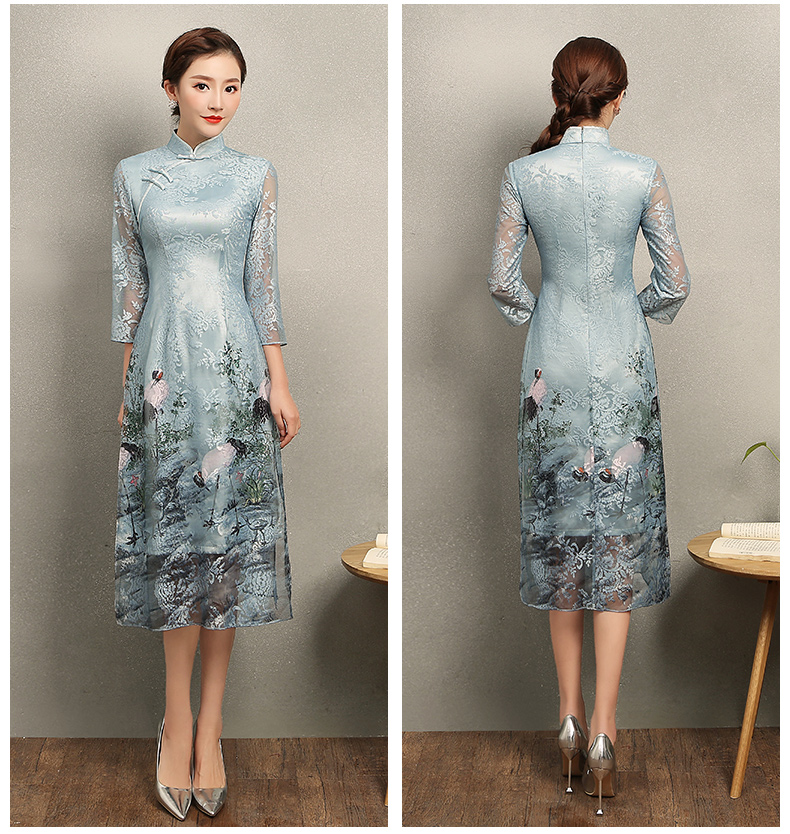 淡雅青鶴旗袍，改良奧黛風(fēng)長款旗袍裙