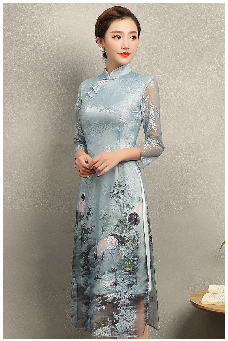 淡雅青鶴旗袍，改良奧黛風(fēng)長款旗袍裙