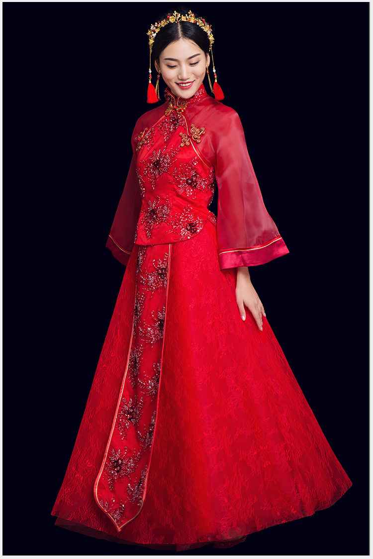 蕾絲古風中式禮服：花漓珠花新娘禮服