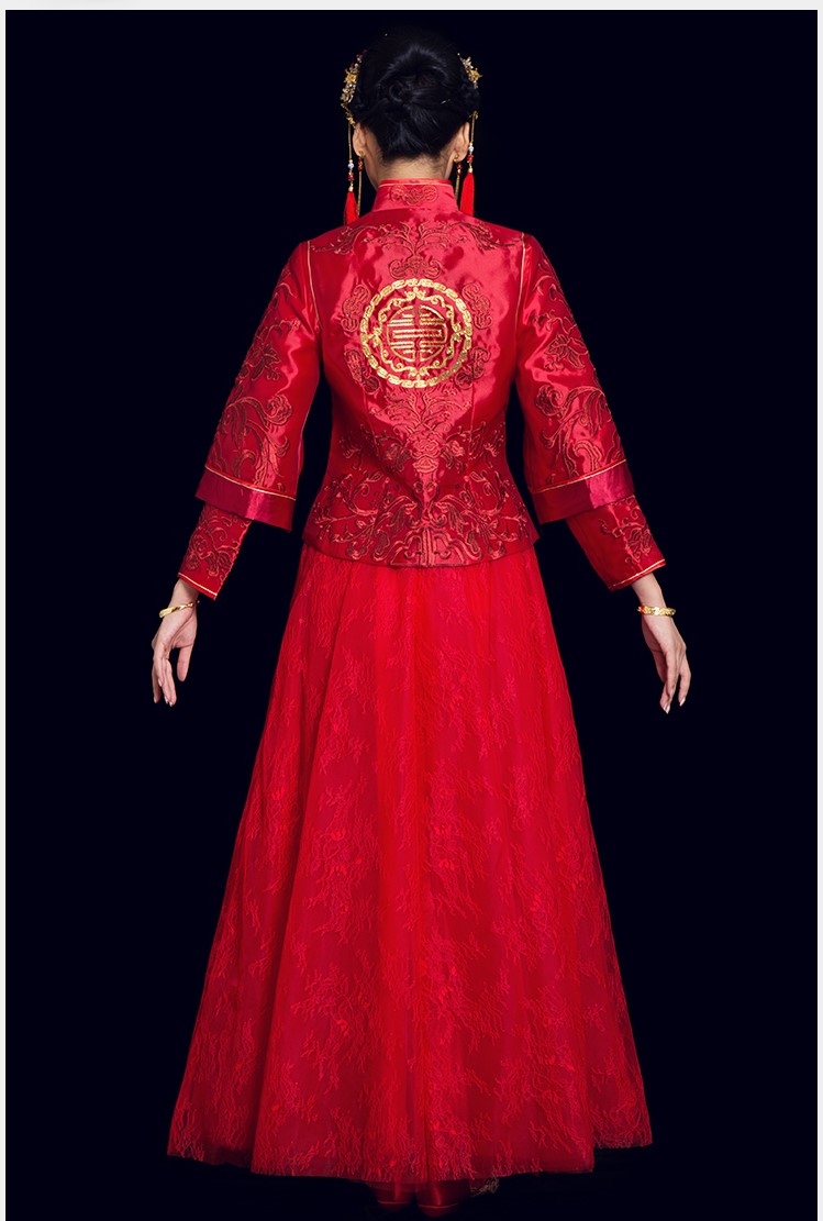 復(fù)古時(shí)尚中式禮服：盤金刺繡紅梔新娘禮服