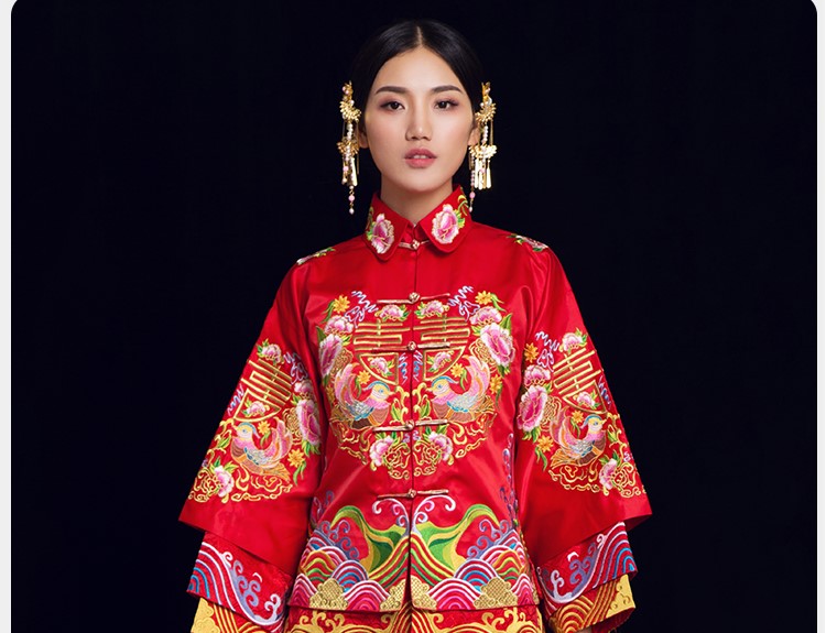 喜締鴛鴦中式禮服，喜字鴛鴦刺繡新娘禮服