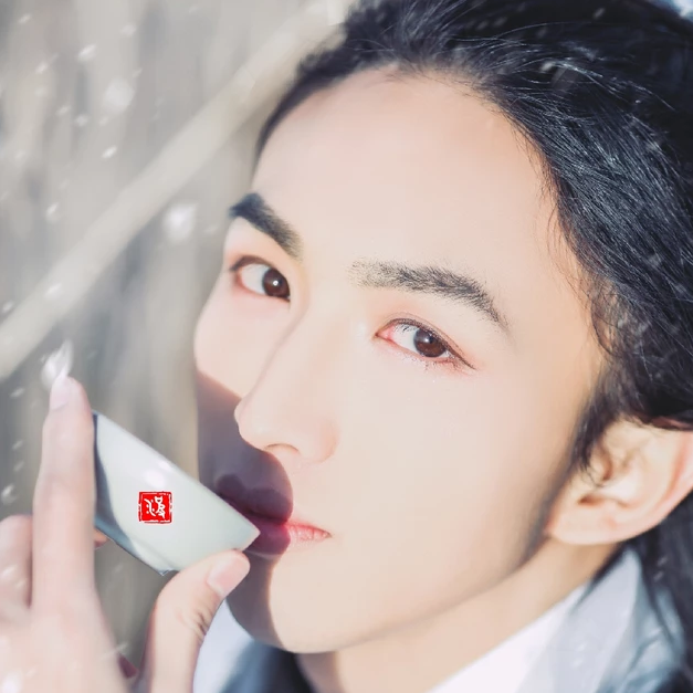 雪飄帶折扇白衣男生頭像，唯美古風(fēng)真人頭像