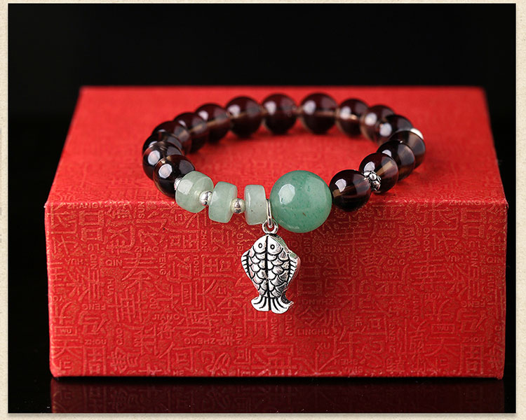 茶水晶手鏈：簡約個性純銀魚吊墜手串首飾