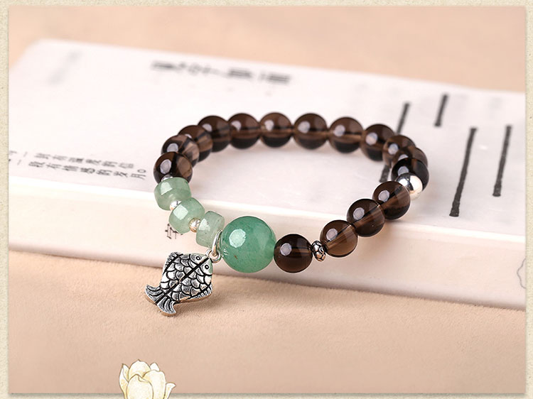 茶水晶手鏈：簡約個性純銀魚吊墜手串首飾