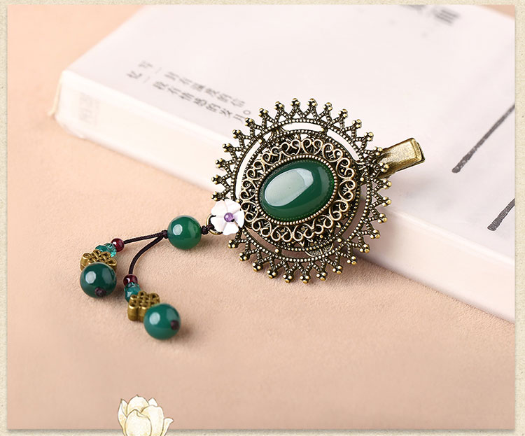 復(fù)古綠色瑪瑙發(fā)夾，古銅鏤空蕾絲邊發(fā)夾頭飾