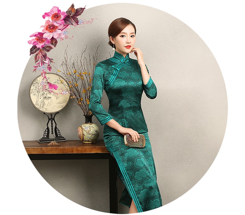雍容華貴祥云圖案旗袍，復(fù)古風(fēng)墨綠色旗袍裙