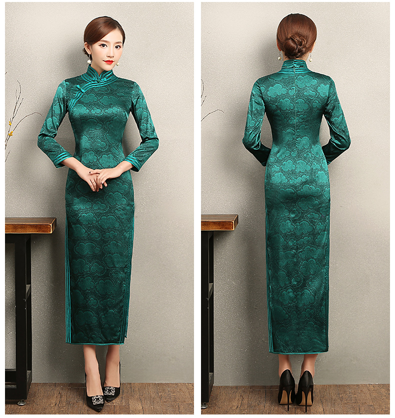 雍容華貴祥云圖案旗袍，復(fù)古風(fēng)墨綠色旗袍裙