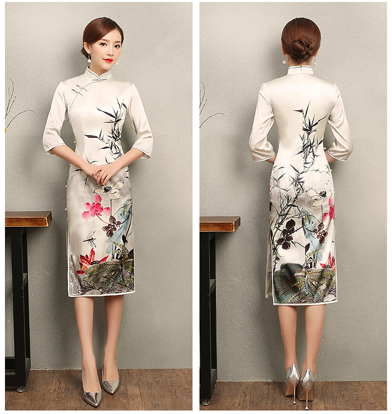 白色戀荷旗袍，素雅印花旗袍裙