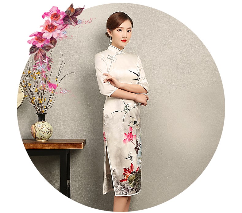白色戀荷旗袍，素雅印花旗袍裙