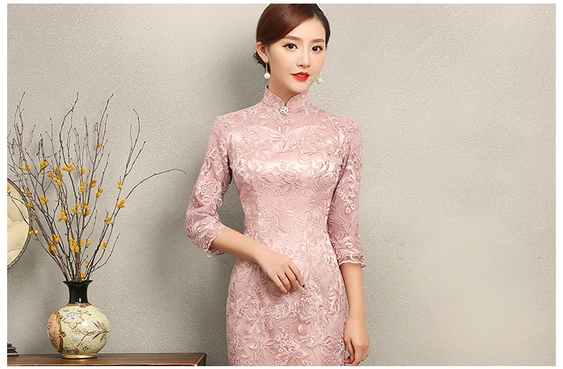 淺粉復(fù)古蕾絲旗袍，芊玉刺繡旗袍裙
