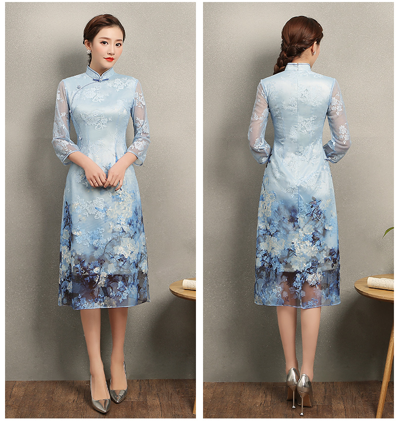 清雅藍(lán)蝶蕾絲旗袍，中袖唯美旗袍裙