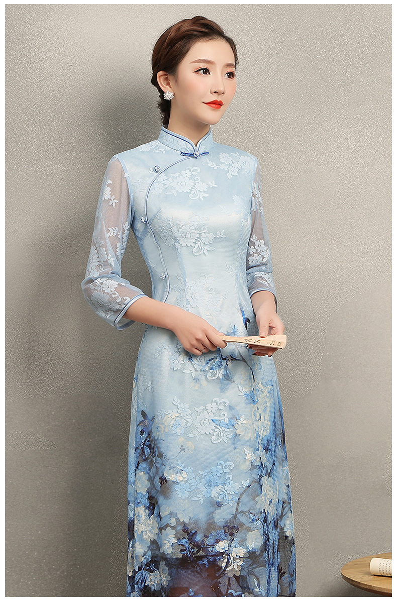 清雅藍(lán)蝶蕾絲旗袍，中袖唯美旗袍裙