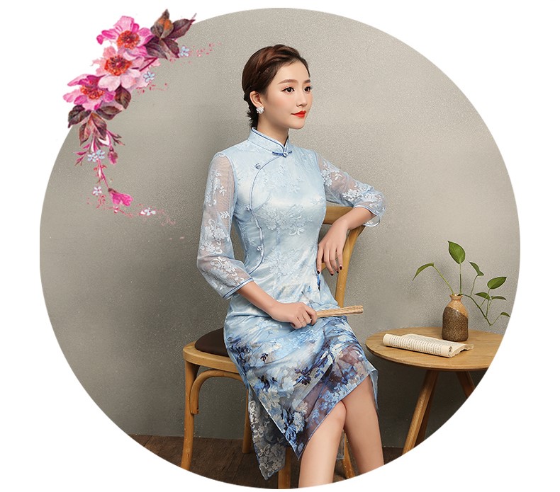 清雅藍(lán)蝶蕾絲旗袍，中袖唯美旗袍裙