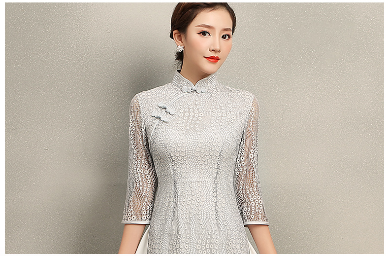 淺灰奧黛風(fēng)旗袍，蕾絲中式旗袍裙