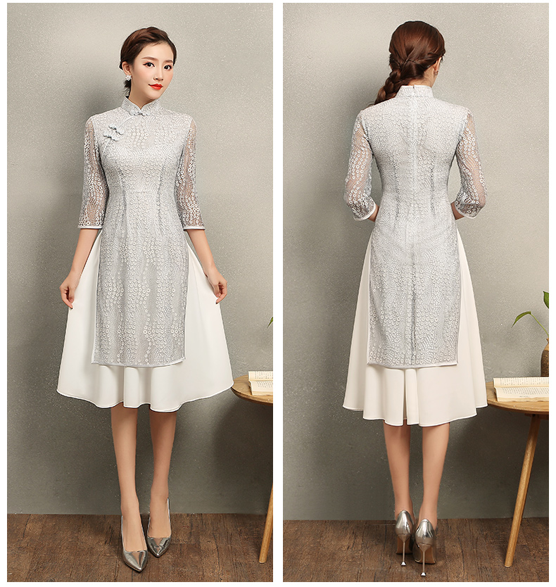 淺灰奧黛風(fēng)旗袍，蕾絲中式旗袍裙