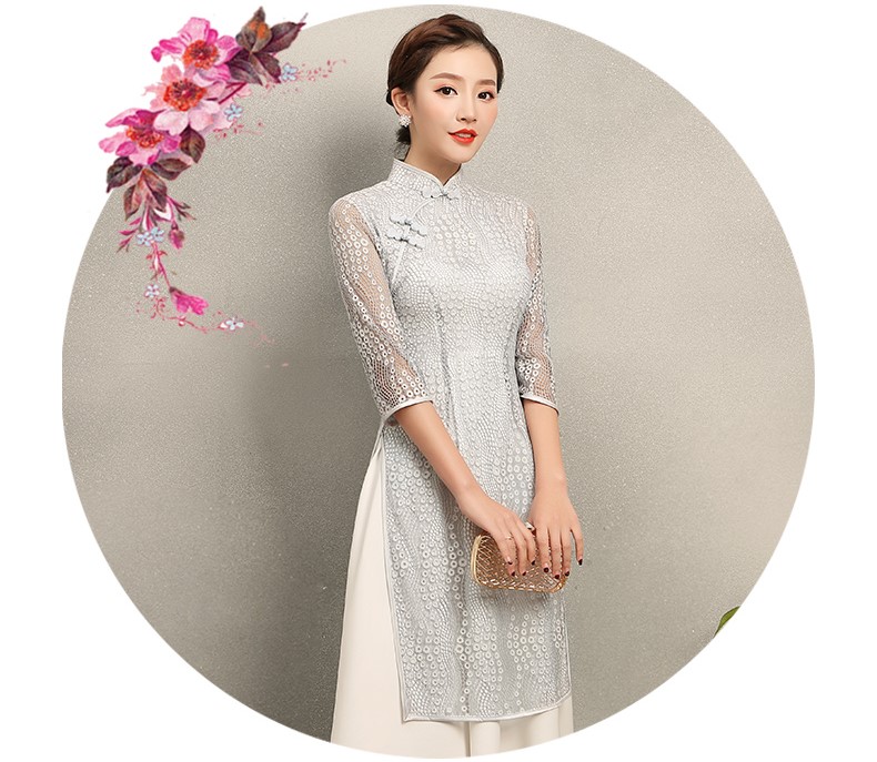 淺灰奧黛風(fēng)旗袍，蕾絲中式旗袍裙