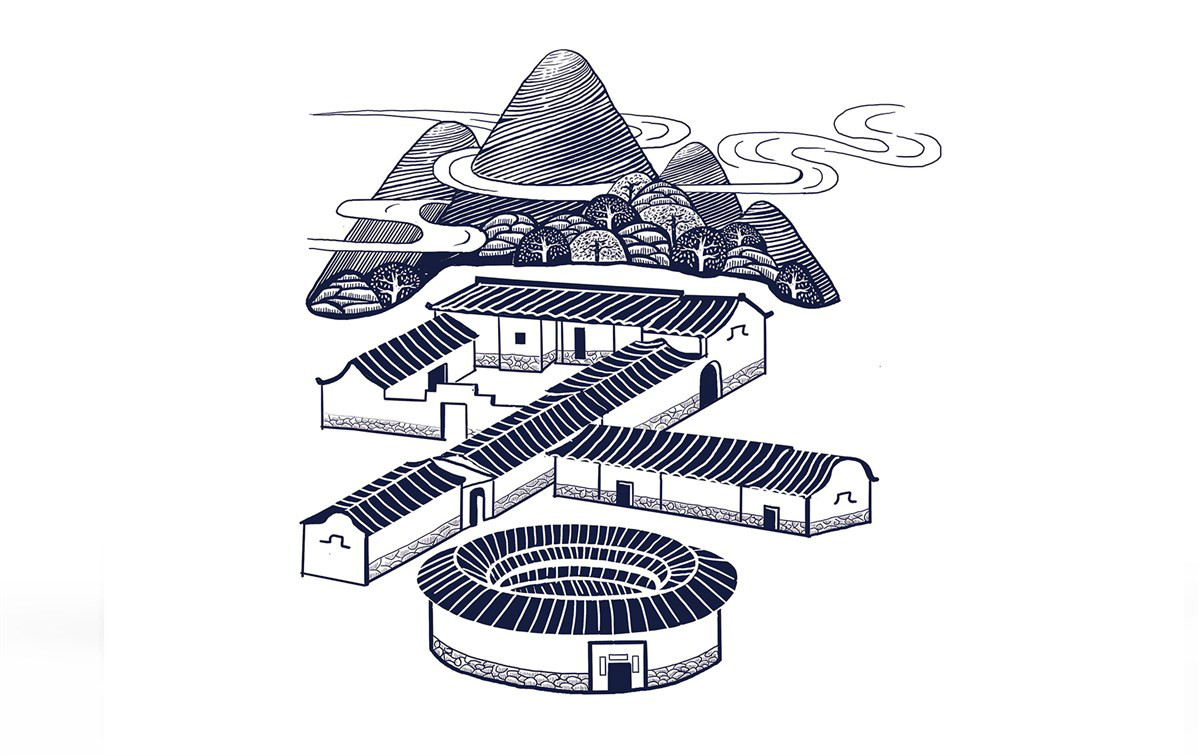 古風(fēng)福建土樓插畫(huà)茶葉包裝設(shè)計(jì)